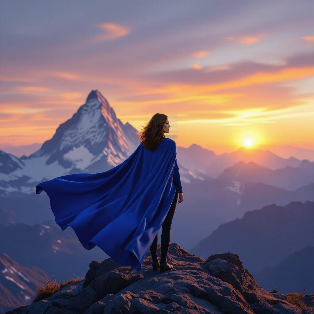 Woman in Royal Blue Cape on Mountain Summit