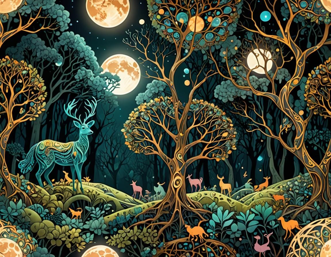 Dreamlike Forest Creatures Gather Under a Full Moonlit Sky