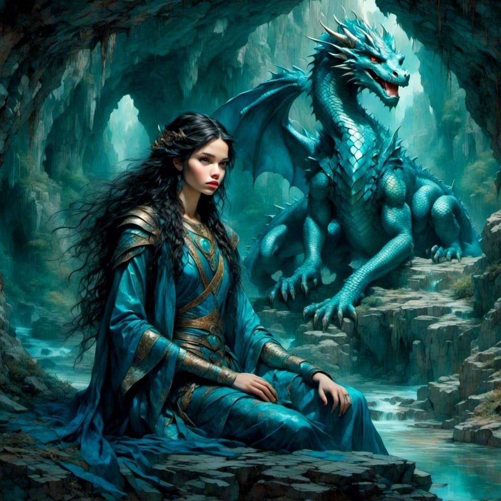 Girl and her Majestic Iridescent Dragon in a Cave