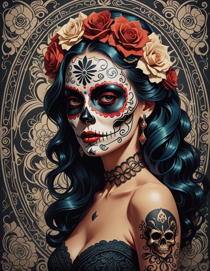 Elegant Sugar Skull Pinup in Bold Art Deco Style