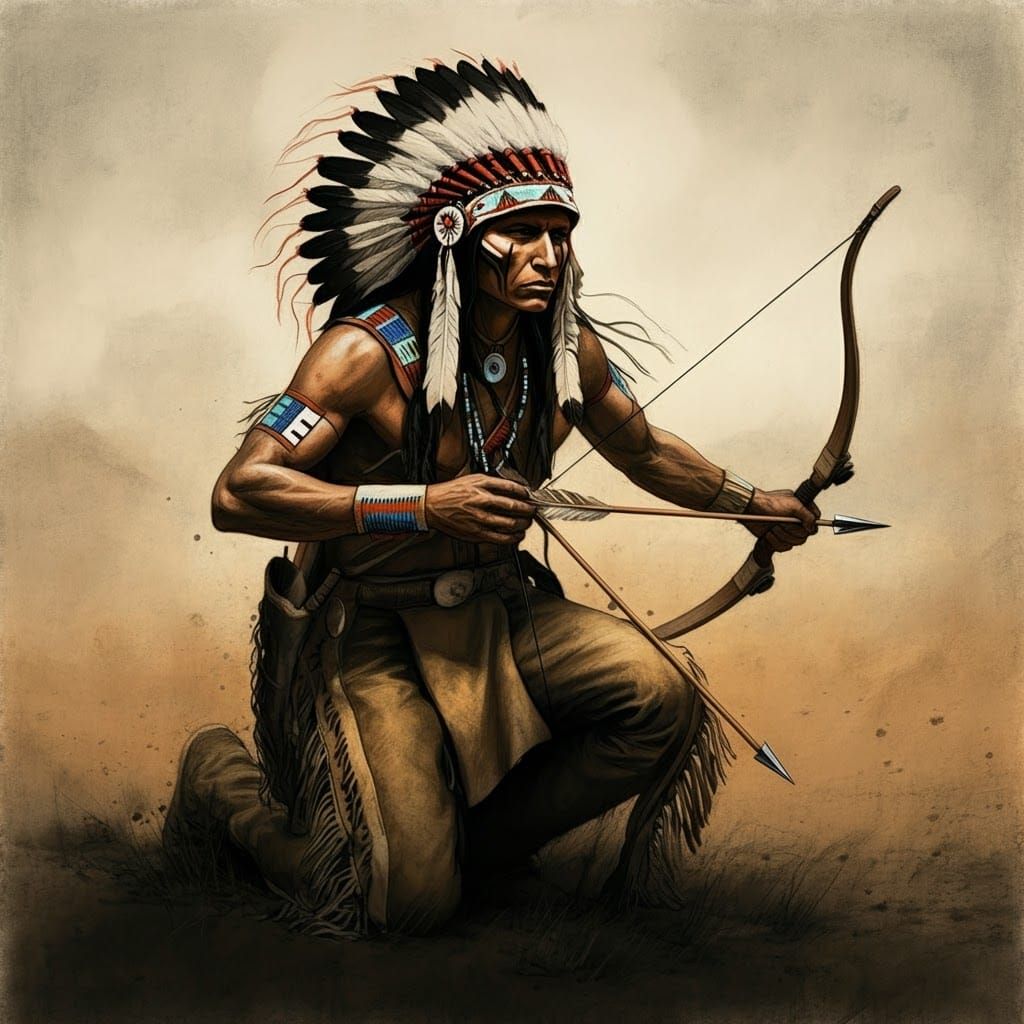 Apache Hunter in Traditional Attire, Charcoal Drawing with C...