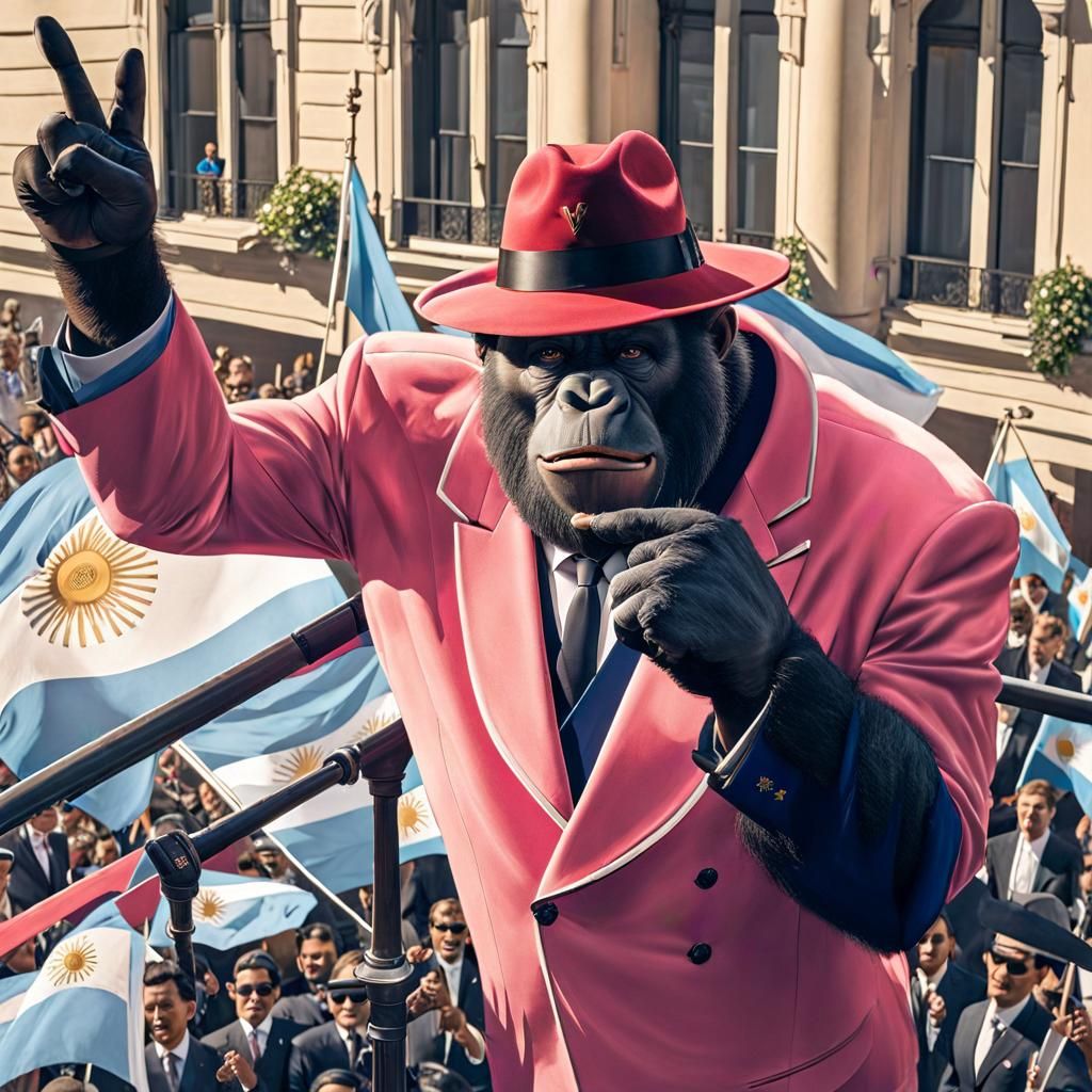 peronist king kong in salmon tuxedo, giving a speech to a cr...