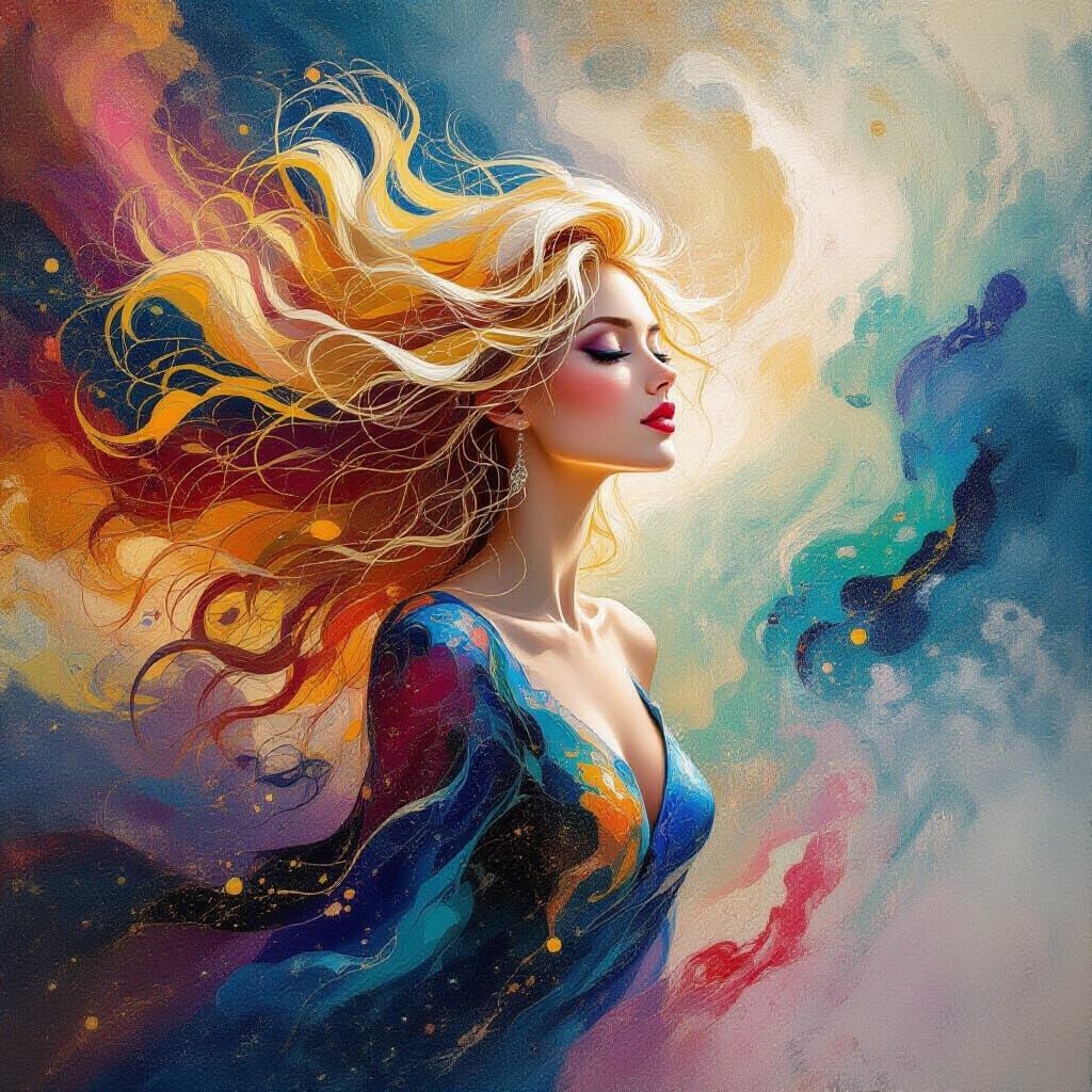 Ethereal Woman with Golden Hair in Cosmic Swirls