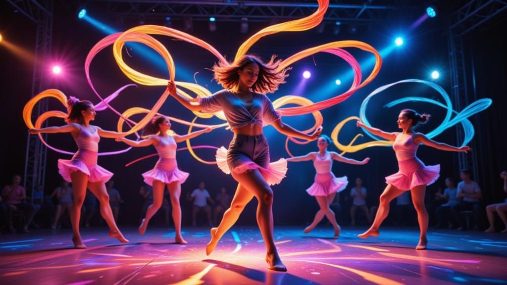 Ribbon Dancers Under Lights: Digital Art Gymnastics