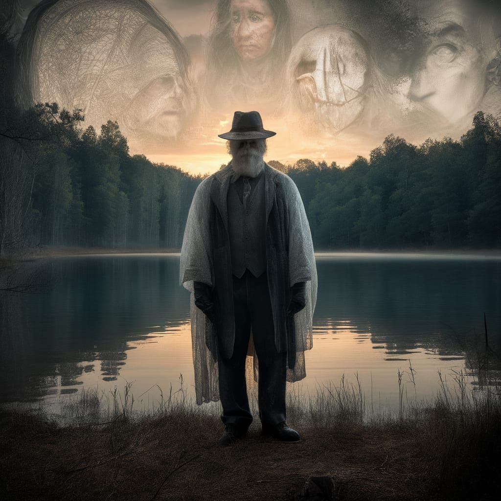 Ghostly Figure by Lake in Dramatic Light