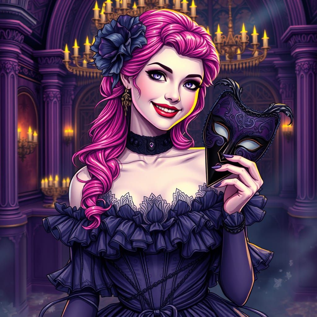 Gothic Masquerade: Pink-Haired Woman in Ballroom