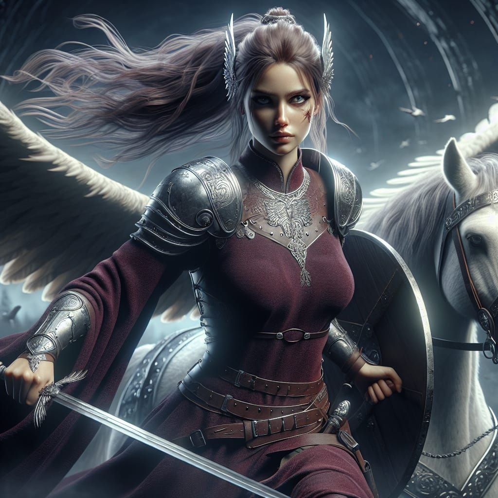Viking Goddess Herja Leading Winged Steed in Battle