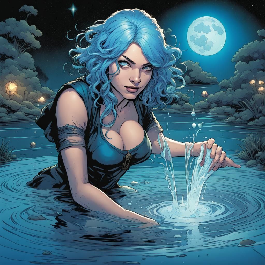 A Blue Haired Witch Plays in Starry Night Pool