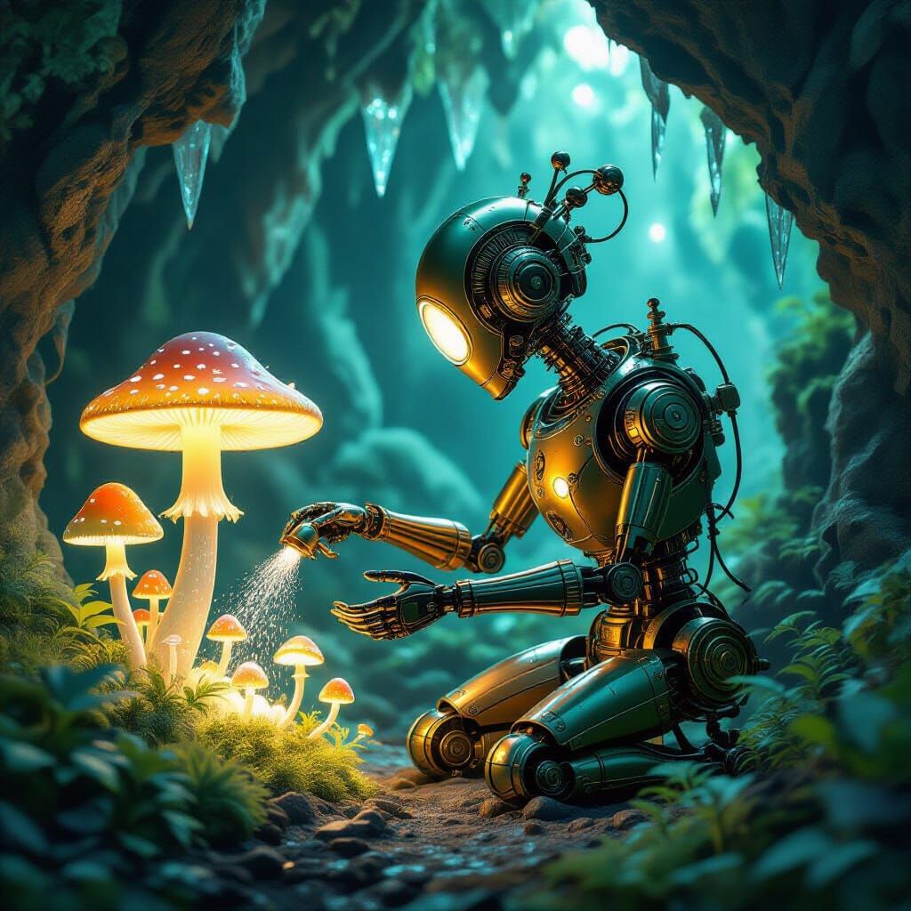 Clockwork Automaton Tends Bioluminescent Fungi Garden