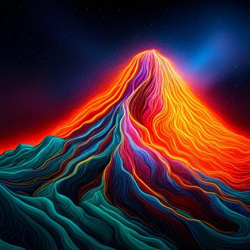Neon Volcano Explodes Under Celestial Canvas