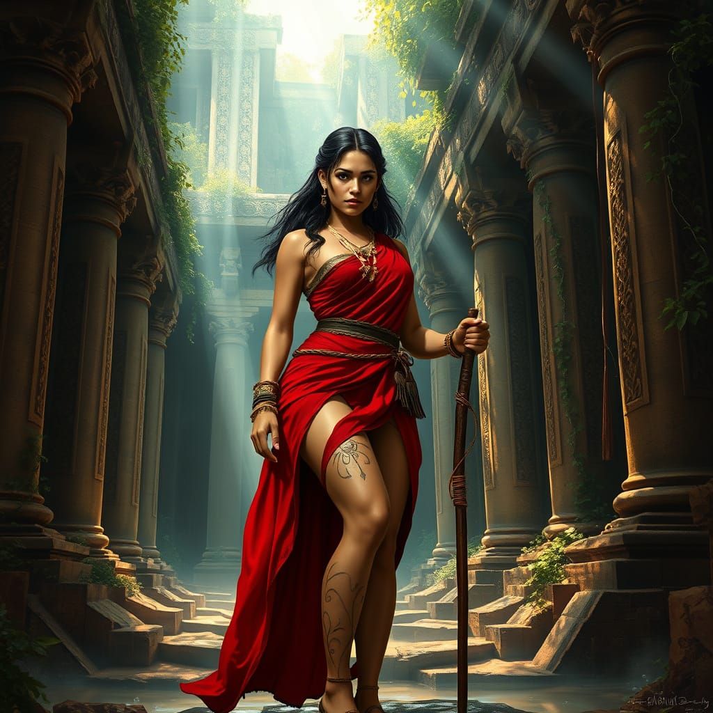 Warrior Woman in Ancient Temple Ruins, Hyperrealistic Art