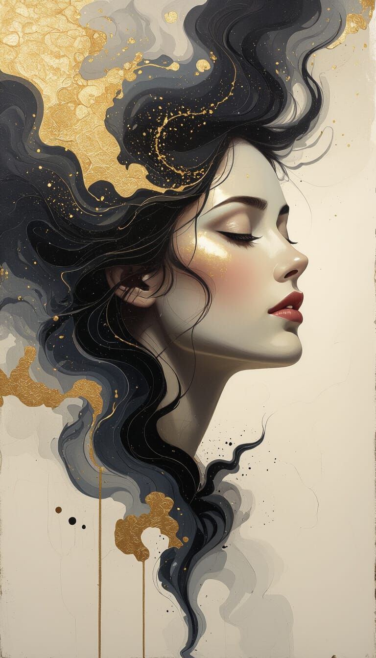 Serene Face Emerges from Gold Leaf Storm