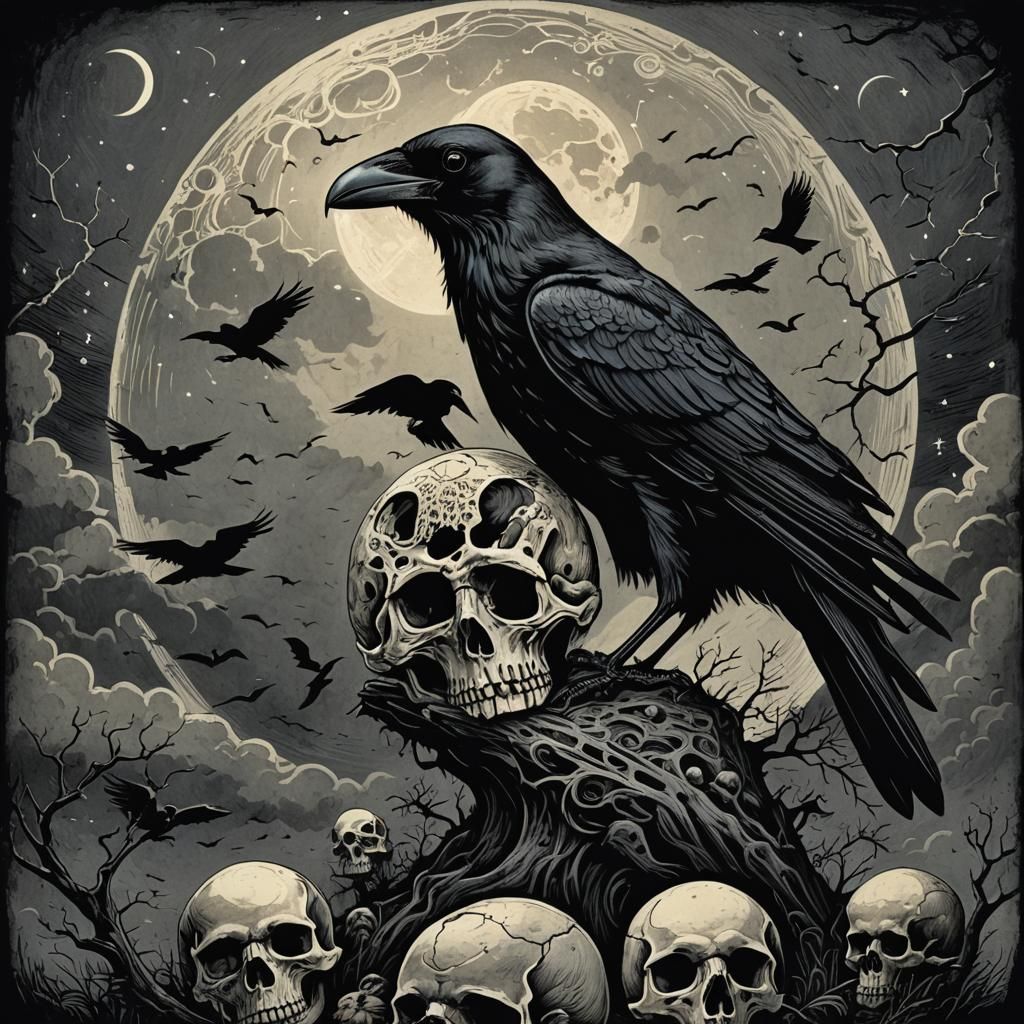 Ethereal Black Crow Perched on Weathered Skull in Dark Gothi...