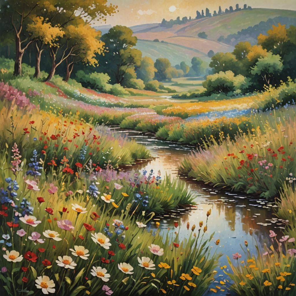 Impressionist Field of Wildflowers in Warm Golden Light