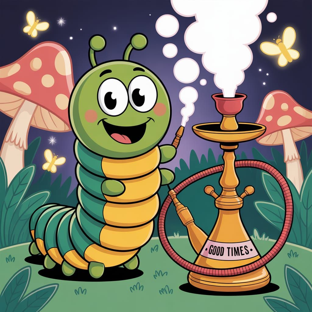 Happy Caterpillar Smoking Hookah in Whimsical Garden