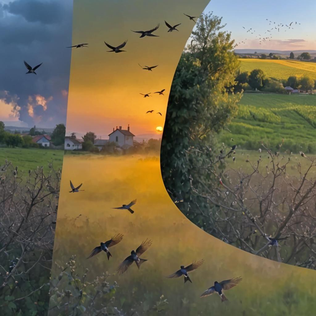 Golden Hour Swallows Murmuration Over Fruit Trees