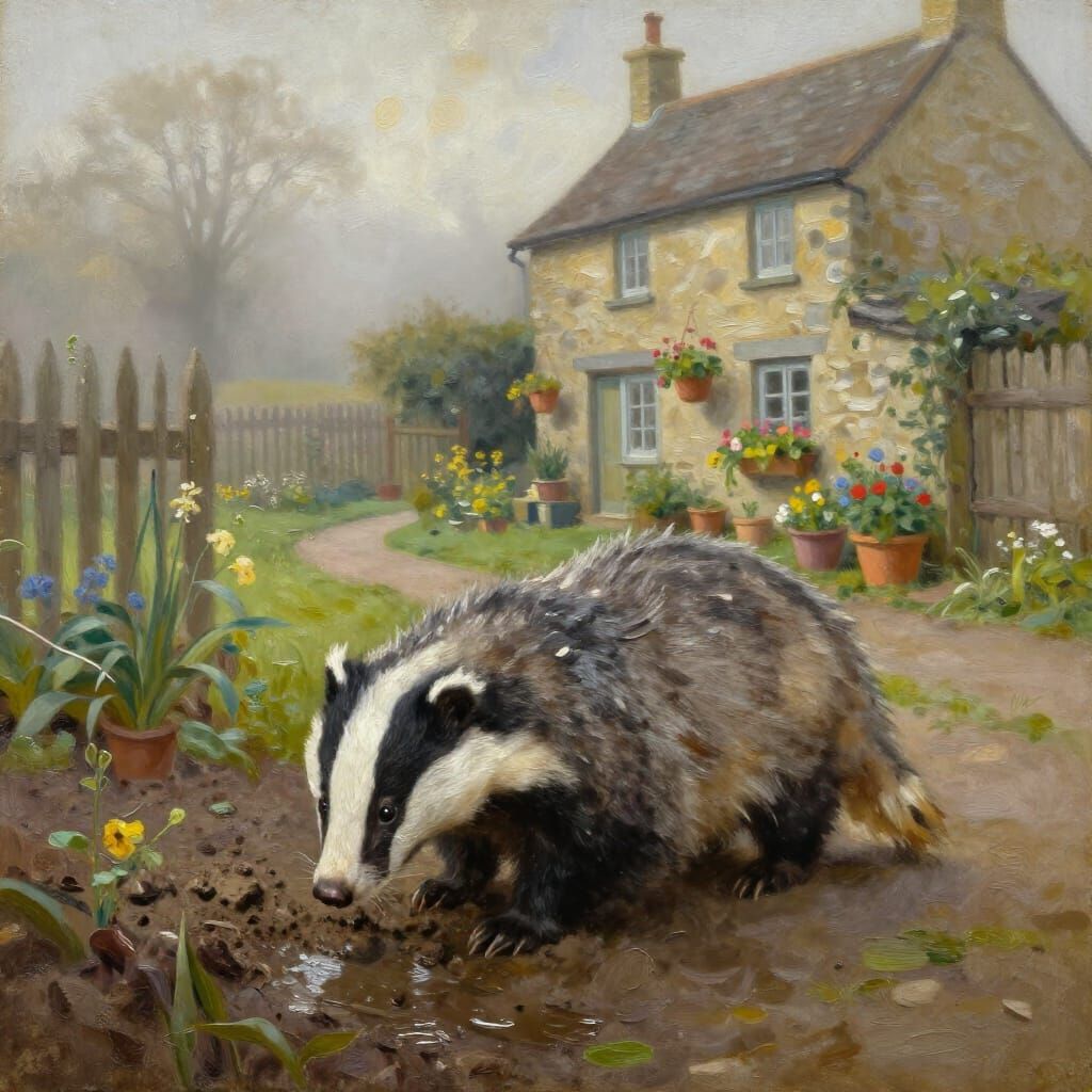 Badger in Misty Country Morning Oil Painting