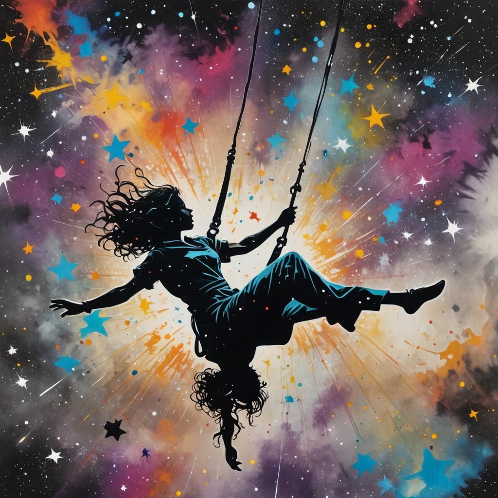 Elegant Trapeze Artist Soars through Cosmic Galaxy