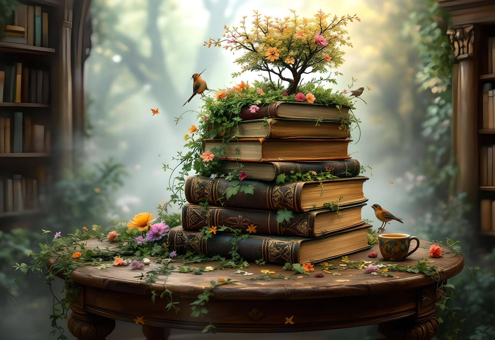 Antique Books with Forest Growth, Ethereal Fantasy