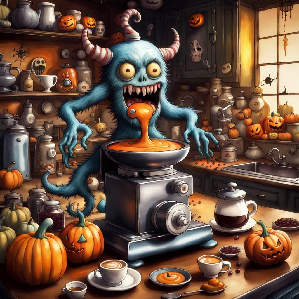 Fantastical Halloween Kitchen Scene in Whimsical Watercolor...