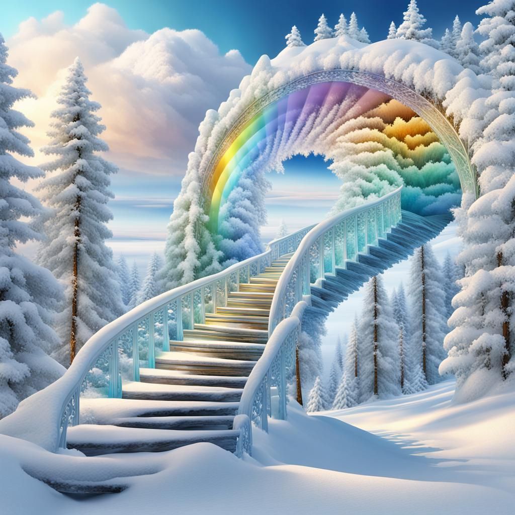 Glimmering Rainbow Bridge in Snowy Landscape