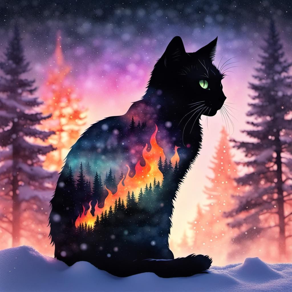 Magical Double Exposure of Feline Fire Form