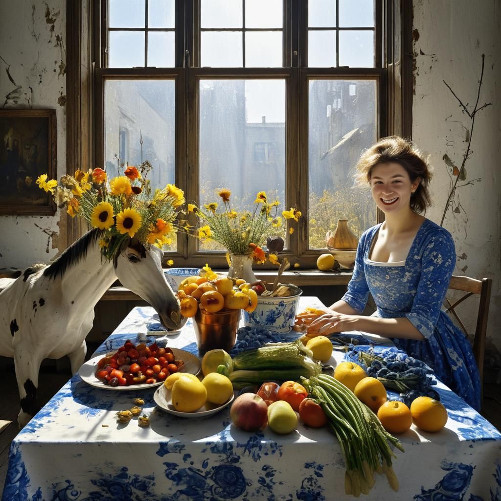 Golden and Delft Blue Flowers by Window