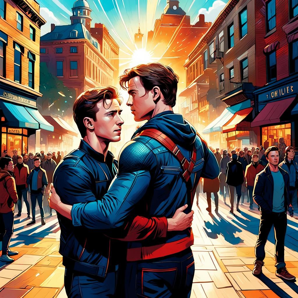 Dynamic Comic Book Art of Two Men Embracing in Vibrant City....