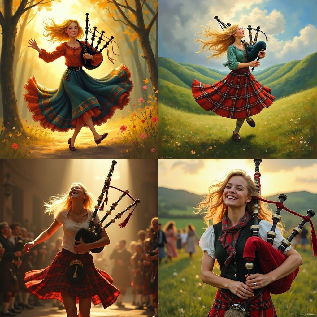 Blonde Woman Joyfully Bagpipe Dancing