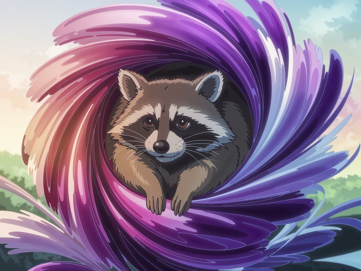 Anime-Style Raccoon in Whirling Fabrics, Soft Pastel Hues
