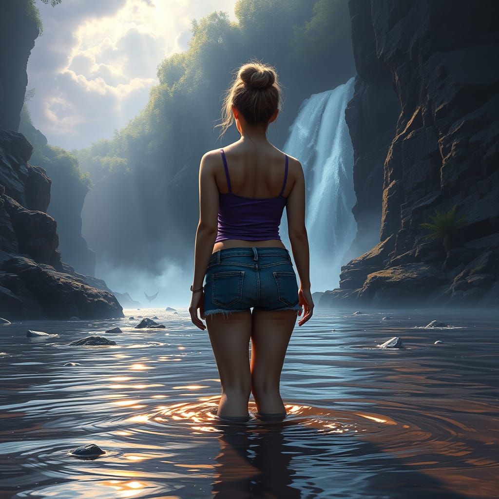 Woman in River Facing Waterfall: Fantasy Concept Art