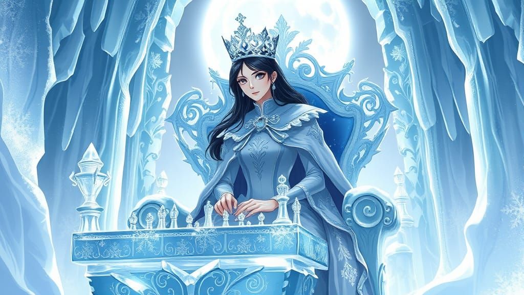 Snow Queen Contemplates Chess on Crystal Throne