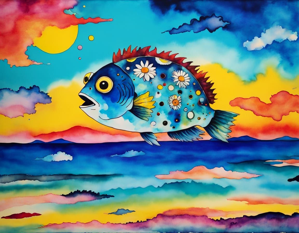 Kidcore Blowfish in Kandinsky Watercolor Style