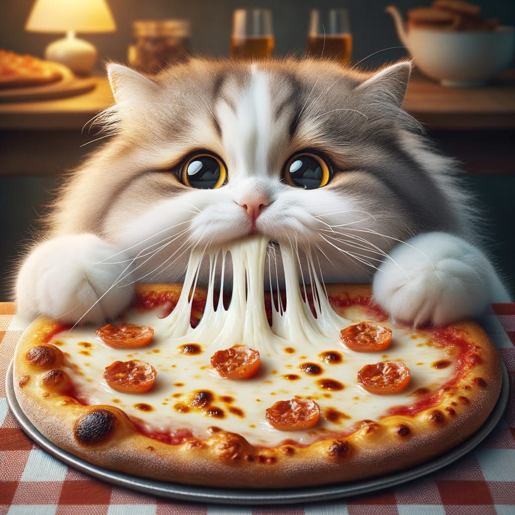 Whiskered Thief Devours Gooey Pizza in Cozy Pizzeria Setting