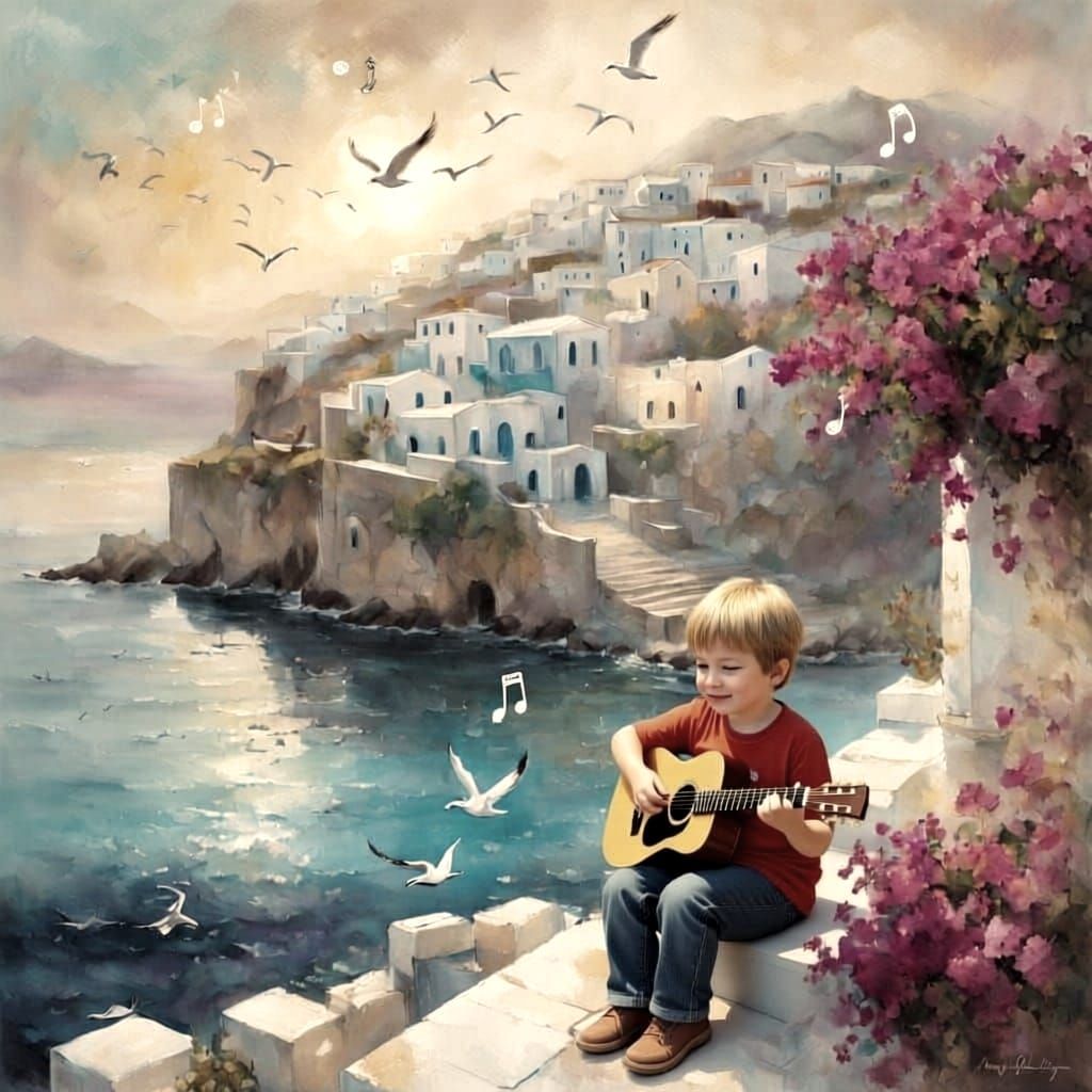 Boy Plays Guitar on Greek Island, Impressionist Watercolor