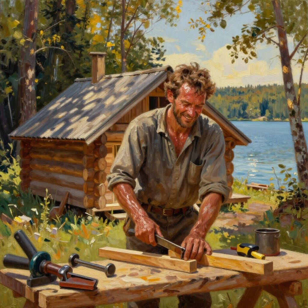 Man Builds Dream Cabin by Lake in Golden Hour