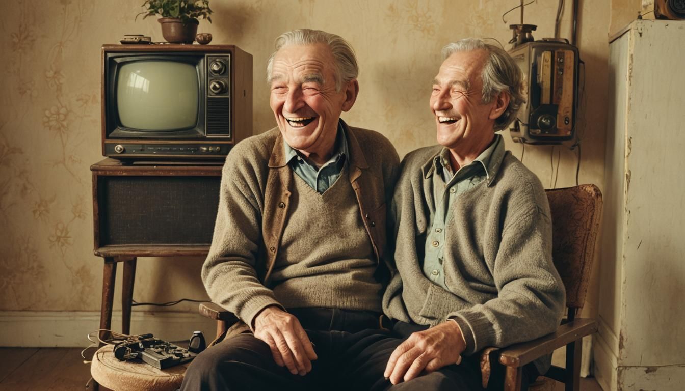 Retro Man Laughing Joyfully in Warm Cozy Nostalgic Living Ro...