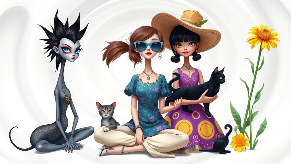 Stylized Girls and Cats in a Surreal Dreamscape