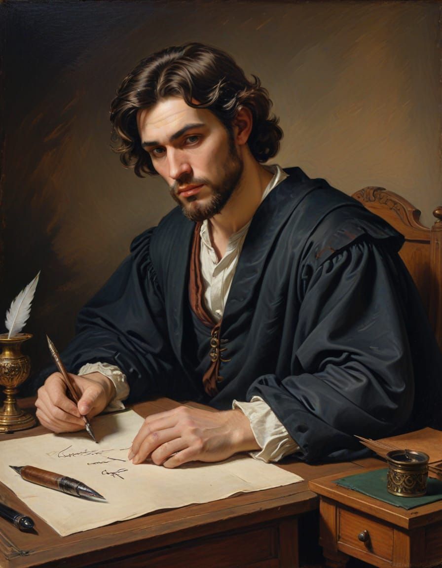 Realistic Portrait of a Man Writing in Oil