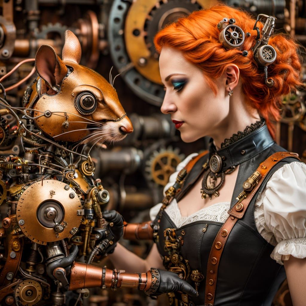 Steampunk Bride Inspects Robot Squirrel