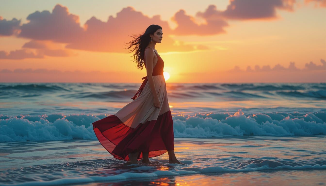 Woman in Red Dress at Sunset, Cinematic Style
