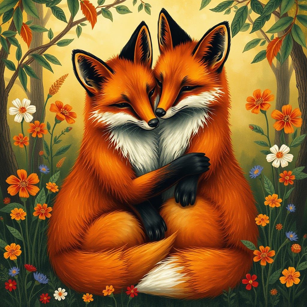 Whimsical Forest Encounter with Two Foxes