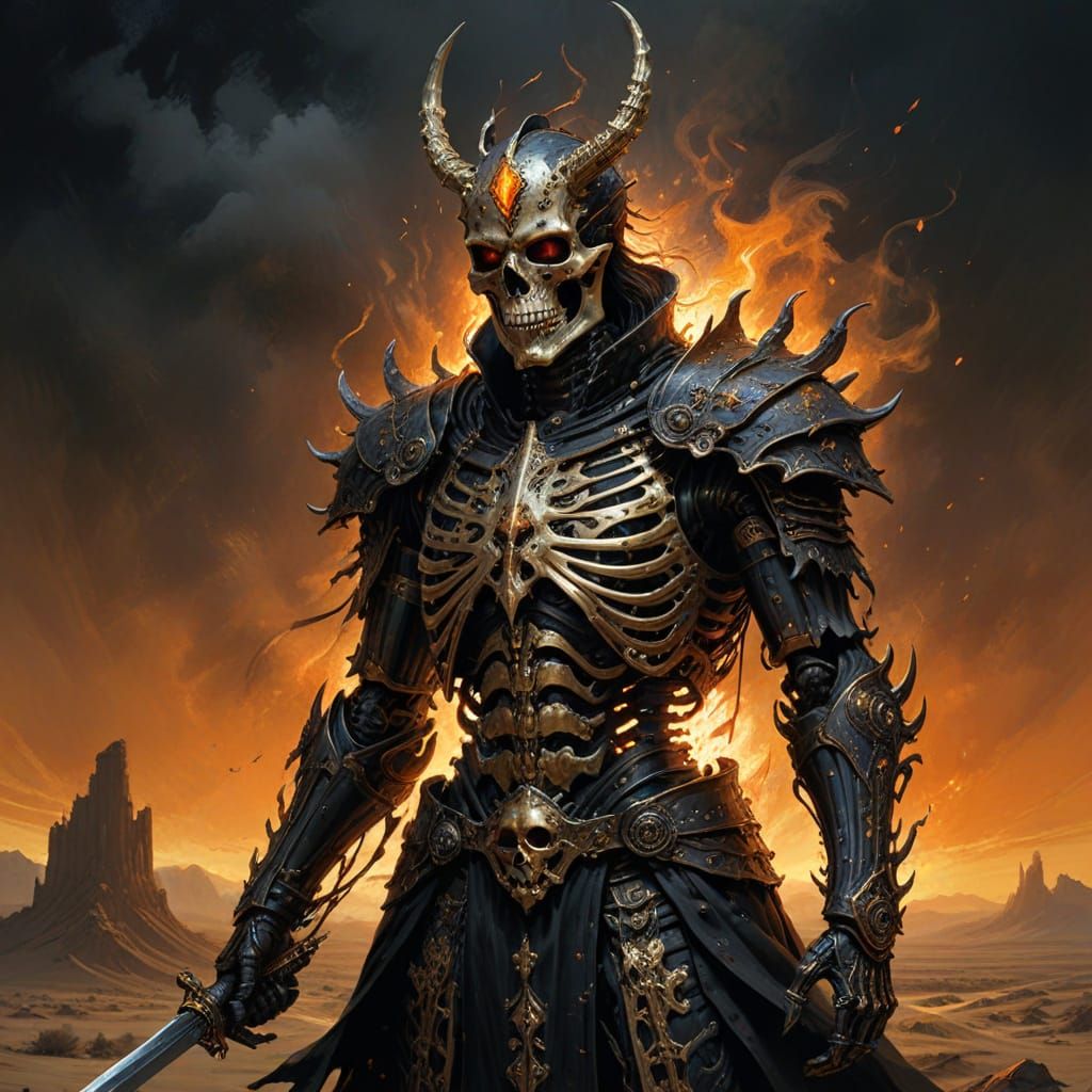 Dark Fantasy Skeleton King Rises from the Desert Flames
