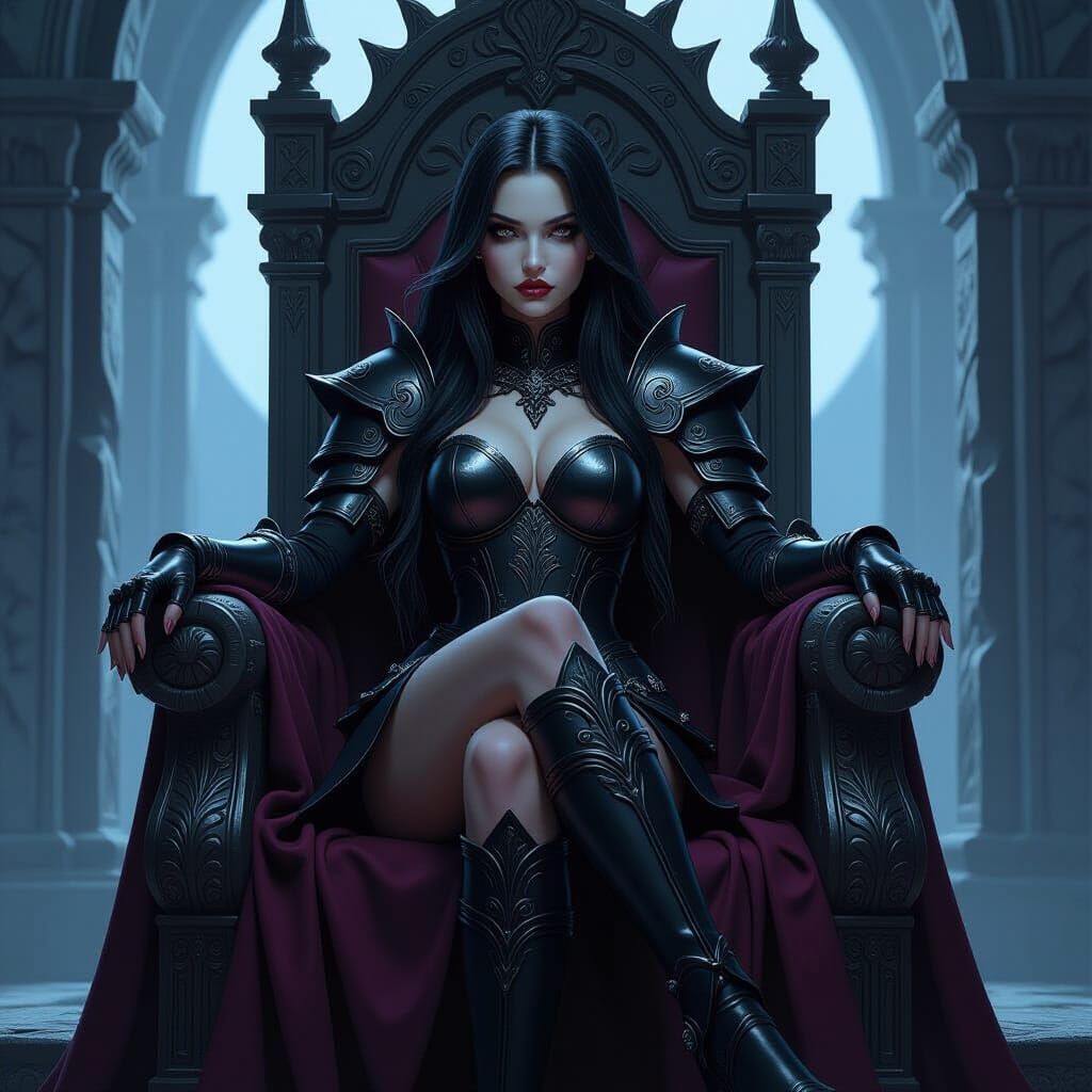 Enchanting Vampire Girl on Throne in Dark Fantasy Armor