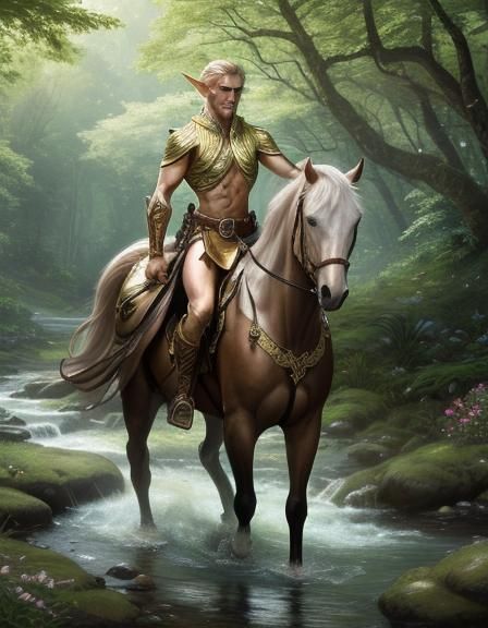 Elf riding a horse beside a stream