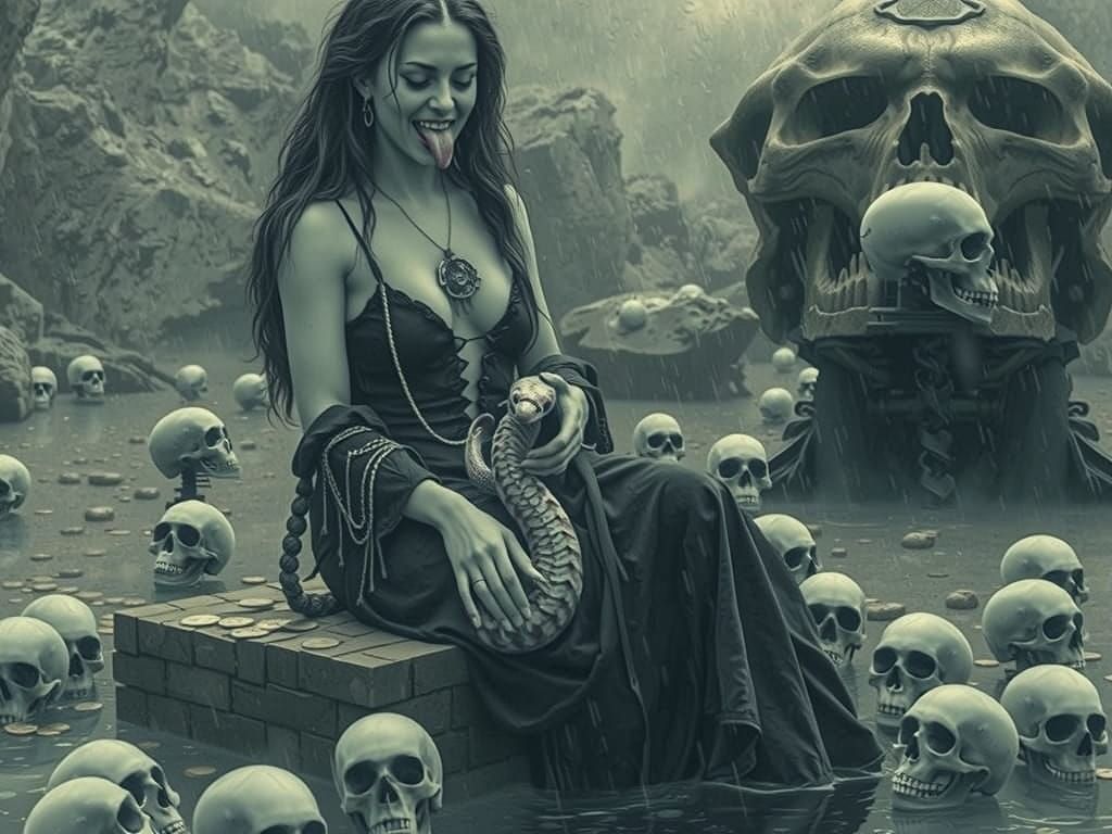 Sinister Woman with Pink Eel in Rainy Gloom