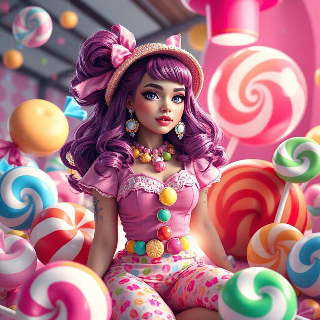 Whimsical Woman Celebrates Candy Day in Candyland, Digital A...
