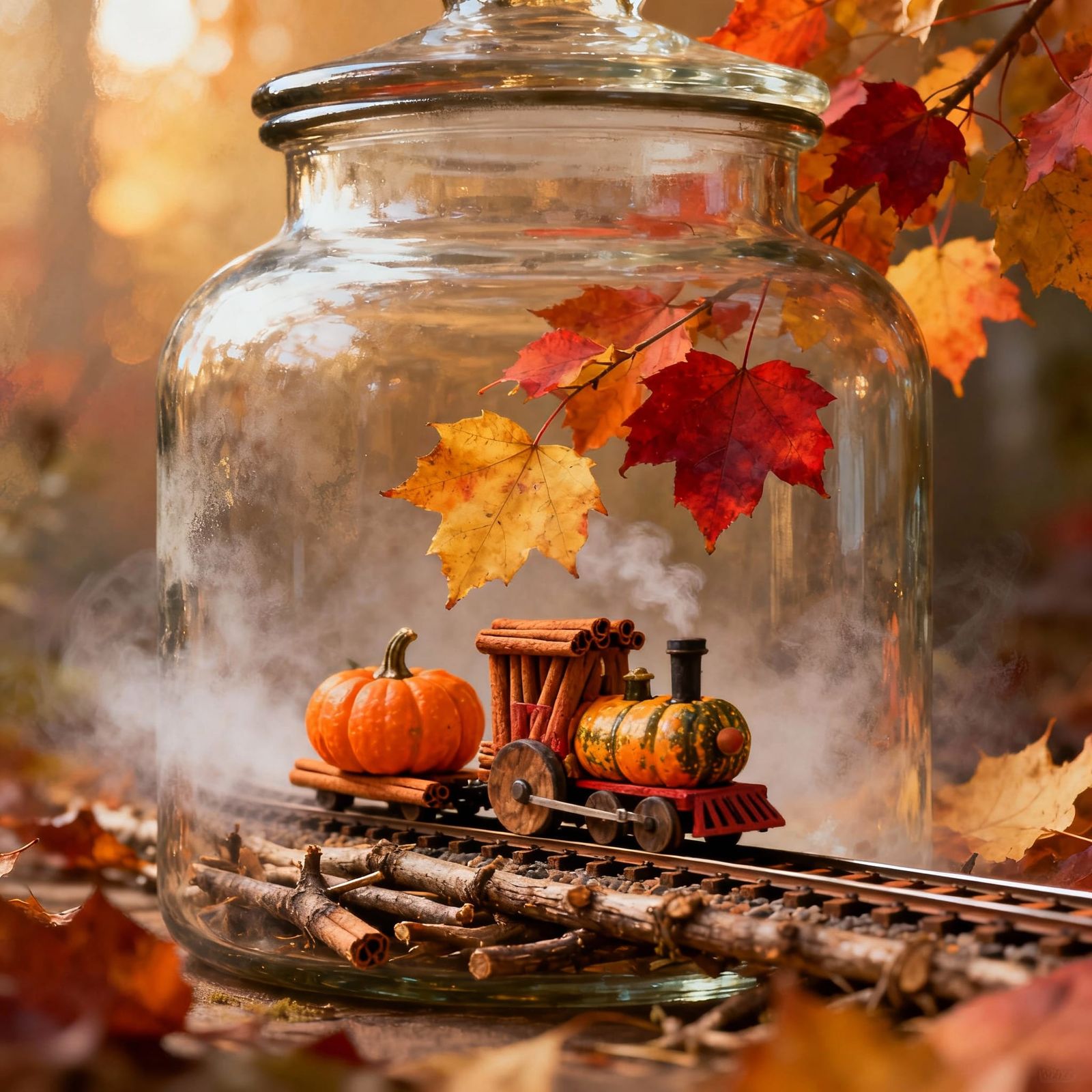 Whimsical Autumn Train in Apothecary Jar