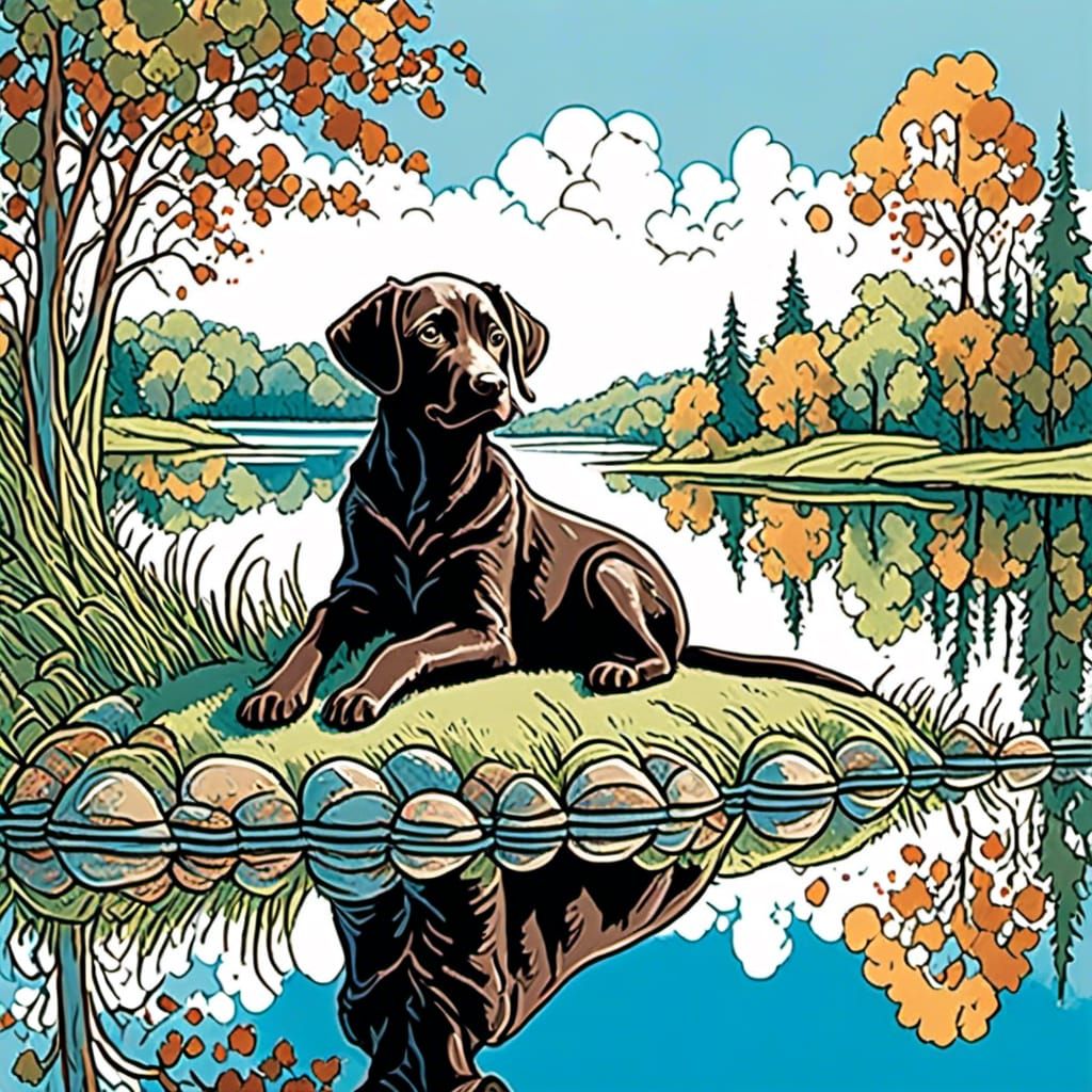 Cute Chocolate Labrador Puppy in Whimsical Fractal Landscape