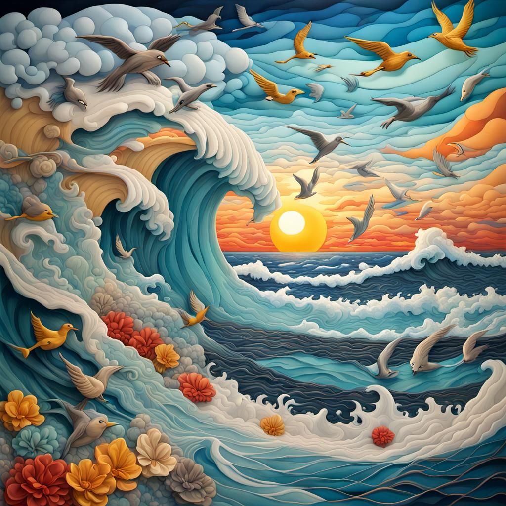 Vibrant Anime-Style Ocean Scene Unfolds from Quilted Fabric